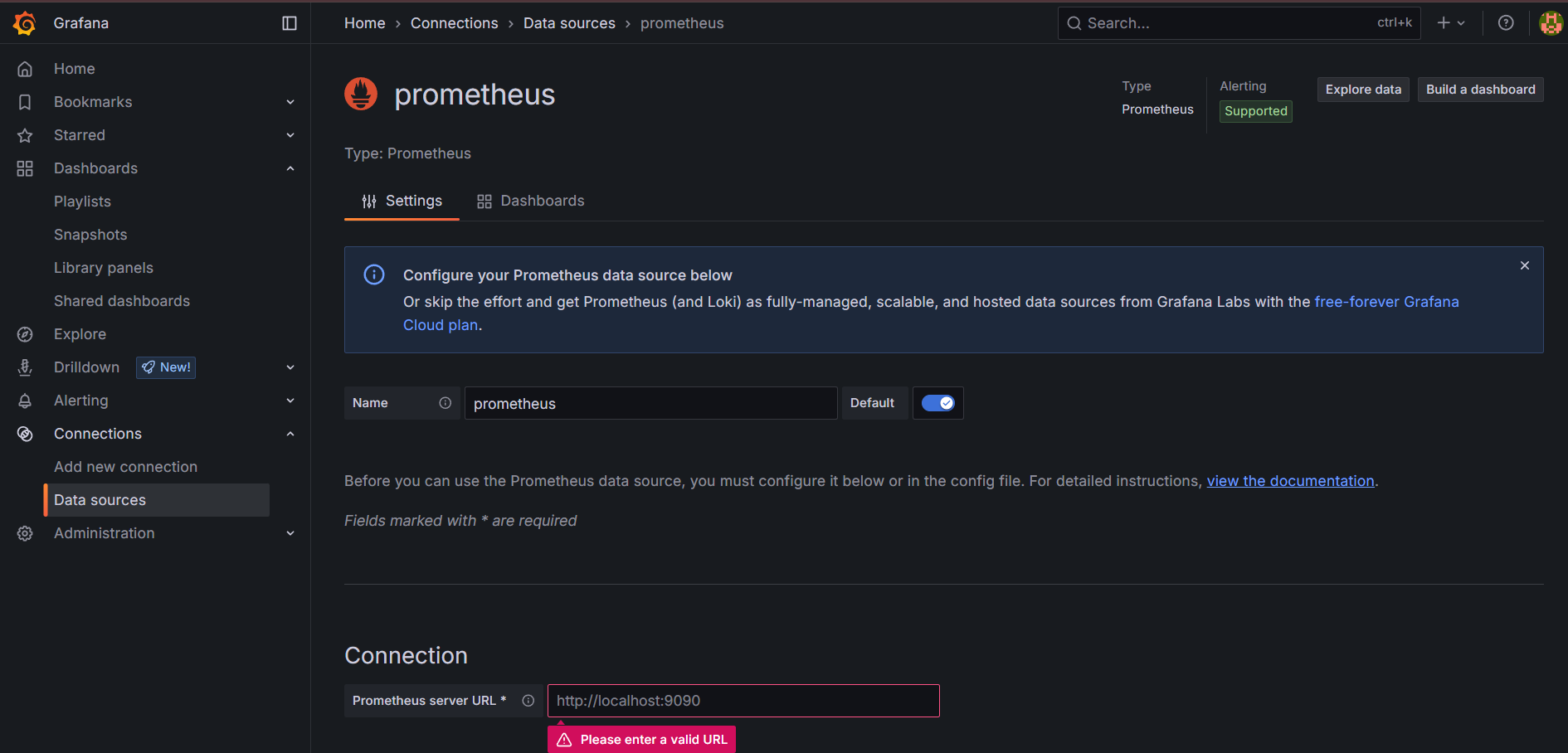 Configure the Prometheus server URL in Grafana